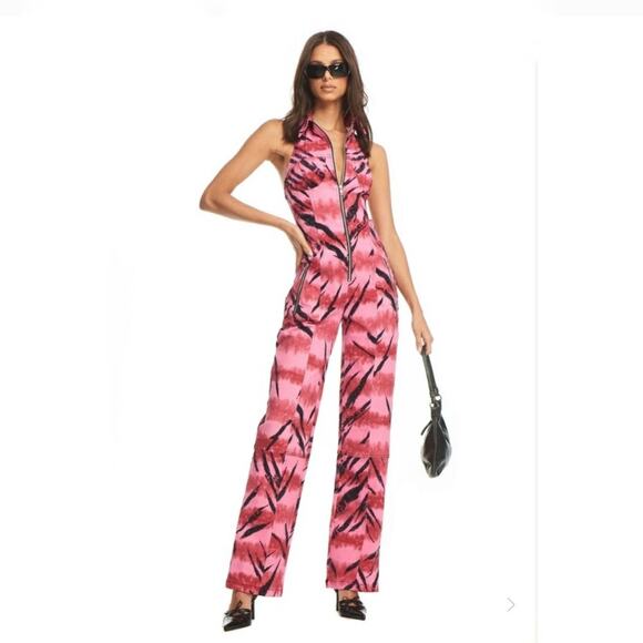 I.AM.GIA. Genesis Jumpsuit Pink Tiger Tie Dye Print Sz Small Halter Open Back - Picture 1 of 7